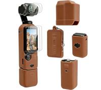 MINGVEN Osmo Pocket 3 Case, Protective Silicone Cover For DJI Pocket 3/Xtra Muse with Screen Protector & Wrist Strap, Soft, Scratch-Resistant and Sleeve Skin (Brown)