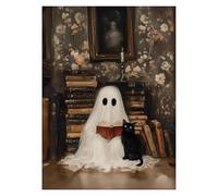 MINGYTN Wall Art Canvas Prints Ghost Black Cat In A Library Canvas Prints Poster Whimsical Spooky Painting Wall Art Home Decor(40x50cm)