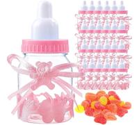MINGZE 24pcs Candy Bottle Baby Shower, Mini Gift Box Fillable Feeder Style with Bear for Party Favors Holy Communion Supplies Boy Girl Newborn Infant Baptism Christening Birthday Decoration (Pink)