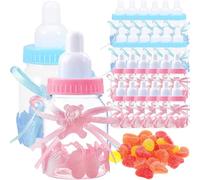 MINGZE 24pcs Candy Bottle Baby Shower, Mini Gift Box Fillable Feeder Style with Bear for Party Favors Holy Communion Supplies Boy Girl Newborn Infant Baptism Christening Birthday Decoration(Pink+blue)