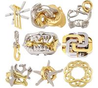 MINGZE Metal Wire Puzzles Brain Teaser, IQ Test Toy Mind Game Jigsaw Magic Trick Toys for Kids and Adults Set of 9, Golden