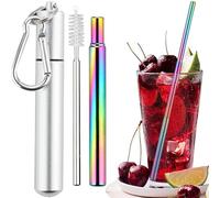 MINGZE Telescopic Reusable Straws, Stainless Steel Drinking Straw Keychain Portable Set with Cleaning Brush Storage Case and Carabiner, Folding Metal Straw for Travel Home and Office(Silver-Colorful)