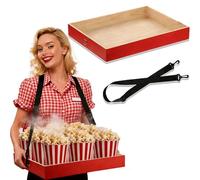 MINGZE Wooden Snack Tray With Strap, Handheld Serving Tray, Usher Tray, With Adjustable Shoulder Strap, Night Party Serving Trays, Vintage Drinking Holder For Parties And Picnics, Red, 40*30*5.5 Cm
