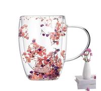 Minhaxue Dry Flowers Double Walled Glass Coffee Mugs, 350ml Floral Fusion Double Wall Glass Cups, Cute Coffee Mugs with Handle, Insulated Heat Resistant for Hot and Cold Beverages, Gift for Women