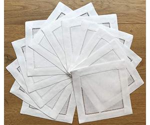 Minhcraft Linen Cloth Napkins, White, 12-Pack, 6"x6", Ladder Hem Stitch, Square, Solid, MC001
