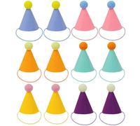 Mini 12-Pack Party Hats for Stuffed Animals Pets, Cone Design Colorful with Pom Poms, Includes Elastic Straps, Birthday Decorations Cats Rabbits Dogs