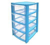 Mini 4 Drawer Plastic Storage Tower - Compact Desktop Organiser with Clear Drawers for Makeup, Toiletries, Stationery - Lightweight & Durable Storage Tower - Pink, Blue or Black, 40x26x19cm (Blue)