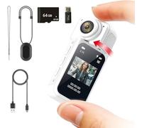 Mini Action Camera 2.7K Wearable DV Cam with 180° Rotating Lens, WiFi App Control, Magnetic Clip, Portable Video Recorder for Outdoor, Vlog, Travel, Sports (White + 64G Memory Card + Card Reader)