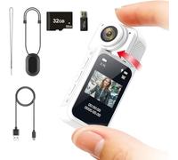 Mini Action Camera 2.7K Wearable DV Cam with 180° Rotating Lens, WiFi App Control, Magnetic Clip, Portable Video Recorder for Outdoor, Vlog, Travel, Sports (White + 32G Memory Card + Card Reader)