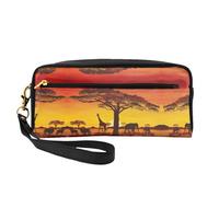 Mini African Animal Sunset Cosmetic Bag,Leather Handheld Cosmetic Organiser,Zip Pen Case Toiletry Organiser,Cosmetic Travel Bag