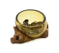 Mini Amber Molten Glass Bowl With Wooden Base Decorative Accent