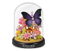 Mini Animals Flower Building Set - 588 Pcs Butterflies Bees Flowers Animals Building Blocks with Transparent Cover, Garden Den Block Kit for Adult Kid Christmas Home Decoration Gift, Purple Butterfly