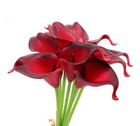 Mini Artificial Calla Lily 10 Stem Bridal Bouquets Artificial Latex Real Touch Flowers for Home Party Decor (Black red)