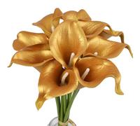 Mini Artificial Calla Lily 10 Stem Bridal Bouquets Artificial Latex Real Touch Flowers for Home Party Decor (Gold)