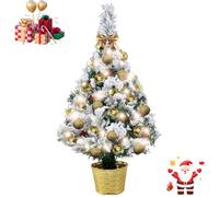 Mini Artificial Christmas Tree Snow Flocked with Lights, 50cm Small Christmas Tree Lighted Battery Operated,Pre-Lit White Fake Pine Tree with Ball Ornaments for Desktop Tabletop(All in One Set)