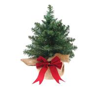 Mini Artificial Christmas Tree with Woven Bag and Red Bow 9" / 23cm tall for desks, tables and shelves