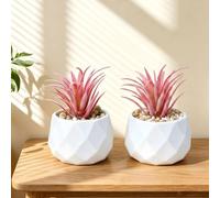 Mini Artificial Succulent Plants with Diamond Flocking, Geometric Ceramic Pot Fake Succulents, Plastic Faux Plants for Office Desk Home Bathroom Decor Style 01