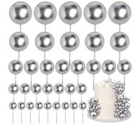 Mini Balls Cake Toppers 5 Sizes Foam Ball Cake Picks Cake Decorations Black Color Mini Balloons Stick Cake Cupcake Toppers for Xmas Baby Shower Girl Birthday Party Supplies (Silver, 55 PCS)