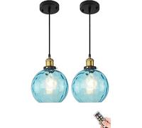 Mini Battery Operated Pendant Light with Remote,No Wiring Blue Glass Pendant Lighting,Small Glass Round Shade Hanging Ceiling Light Fixture for Kitchen Island,Sink,Counter,Bar,Dining Room (Color : 2