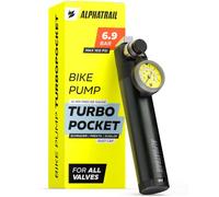 Mini Bike Pump with Gauge & 2 Modes HV/HP for Presta, Schrader & Dunlop Valves - Alphatrail Small Bicycle Pump 100 PSI / 6.9 bar with Frame Mount, Pocket-Sized for MTB, Gravel & E-Bikes, TurboPocket