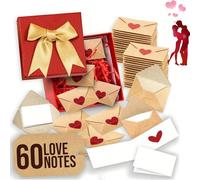 Mini Blank Cards and Envelopes, DIY Love Letter Box - 30/60 Mini Blank Cards and Envelopes for Him/Her, Red Gift Box with Heart Stickers, Valentine’s Day Gifts (60 PCS)