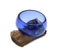 Mini Blue Molten Glass Bowl With Wooden Base Decorative Ornament