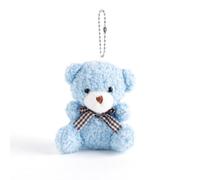 Mini Blue Plush Teddy Bear Keychain Gift for Women Man with Gingham Bow