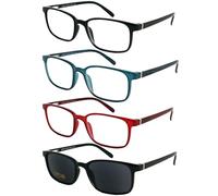Mini Brille - Designer 4-Piece Set - 3 Reading Glasses & 1 Sun Reader - Unisex Rectangle Style with Lightweight Plastic Frame & Flex Hinges - Stylish Vision Aid for Men & Women +1.50 Magnification
