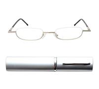 Mini Brille Reading Glasses Half-Rim Slim for Women and Men with Case | Stainless steel frame with nose pads; lenses 44 × 19 mm, 132 mm wide, 14 g; red, black, blue, silver and graphite