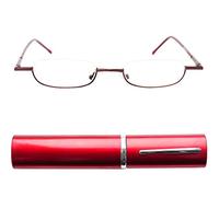 Mini Brille Reading Glasses Half-Rim Slim for Women and Men with Case | Stainless steel frame with nose pads; lenses 44 × 19 mm, 132 mm wide, 14 g; red, black, blue, silver and graphite