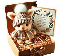 Mini Bunny Hug Cute Easter Gift, Emotional Support Bunny with Knitted Hat and Pom Pom, Handmade Plush Pocket Hug Rabbit doll, Unique Gift For Family Friend Girls Boys - Includes Box & Card (Brown)