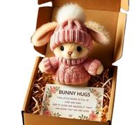 Mini Bunny Hug Cute Easter Gift, Emotional Support Bunny with Knitted Hat and Pom Pom, Handmade Plush Pocket Hug Rabbit doll, Unique Gift For Family Friend Girls Boys - Includes Box & Card (Pink)