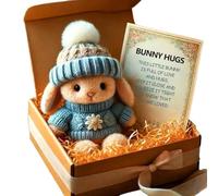 Mini Bunny Hug Cute Easter Gift, Emotional Support Bunny with Knitted Hat and Pom Pom, Handmade Plush Pocket Hug Rabbit doll, Unique Gift For Family Friend Girls Boys - Includes Box & Card (Blue)