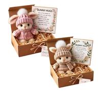 Mini Bunny Hug Cute Easter Gift, Mini Bunny Hug in Box, Emotional Support Positive Crochet Bunny with Inspirational Card, Handmade Plush Pocket Hug Rabbit Doll for Kids Family Friend (Pink+Khaki)