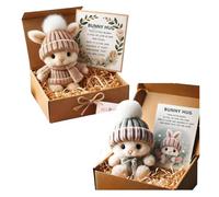 Mini Bunny Hug Cute Easter Gift, Mini Bunny Hug in Box, Emotional Support Positive Crochet Bunny with Inspirational Card, Handmade Plush Pocket Hug Rabbit Doll for Kids Family Friend (Khaki+Grey)