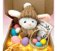 Mini Bunny Hug Cute Easter Gift Mini Bunny in a Box Handmade Plush Pocket Hug Rabbit Doll With Knitted Hat Cute Easter Soft Toy Handmade Hug Rabbit PIush Doll with Light for Kids Family Friend