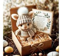 Mini Bunny Hug Cute Easter, Mini Bunny Hug in Box, Emotional Support Positive Crochet Bunny with Inspirational Card, Soft Handmade Plush Pocket Hug Rabbit Doll for Family Friend (Khaki)