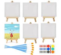 Mini Canvas and Easel Set, 24 Pack Sip and Paint Kit, 4x4 Inch Canvas, Wooden Easel, Paint Brushes and Watercolor Paints, for Kids Sip Party & Beginner Supplies