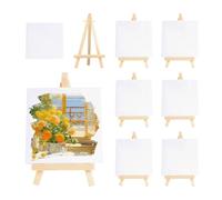 Mini Canvas and Easel Set, 8Pcs Easel White Artist Painting Boards, 10 x 10cm Mini Canvas & Wooden Easels Painting Set for Crafts Painting Drawing Artists