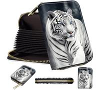 Mini Card Holder Wallet for Women, Small Zipper Credit Card Case with RFID Blocking, Compact PU Leather Accordion Card Organizer for Girls, Cute Pattern Women Wallet Purse, A4, White Tiger