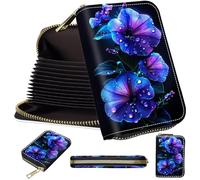 Mini Card Holder Wallet for Women, Small Zipper Credit Card Case with RFID Blocking, Compact PU Leather Accordion Card Organizer for Girls, Cute Pattern Women Wallet Purse, A7, Purple Morning Glory