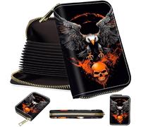 Mini Card Holder Wallet for Women, Small Zipper Credit Card Case with RFID Blocking, Compact PU Leather Accordion Card Organizer for Girls, Cute Pattern Women Wallet Purse, A4, Flame Skull Eagle