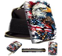 Mini Card Holder Wallet for Women, Small Zipper Credit Card Case with RFID Blocking, Compact PU Leather Accordion Card Organizer for Girls, Cute Pattern Women Wallet Purse, A6, Eagle American Flag
