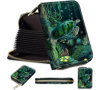 Mini Card Holder Wallet for Women, Small Zipper Credit Card Case with RFID Blocking, Compact PU Leather Accordion Card Organizer for Girls, Cute Pattern Women Wallet Purse, A4, Sea Green Turtle