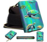 Mini Card Holder Wallet for Women, Small Zipper Credit Card Case with RFID Blocking, Compact PU Leather Accordion Card Organizer for Girls, Cute Pattern Women Wallet Purse, A3, Green Turtle