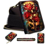 Mini Card Holder Wallet for Women, Small Zipper Credit Card Case with RFID Blocking, Compact PU Leather Accordion Card Organizer for Girls, Cute Pattern Women Wallet Purse, A3, Glass Red Rose