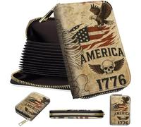 Mini Card Holder Wallet for Women, Small Zipper Credit Card Case with RFID Blocking, Compact PU Leather Accordion Card Organizer for Girls, Cute Pattern Women Wallet Purse, A7, Skeleton Flag Eagle