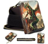 Mini Card Holder Wallet for Women, Small Zipper Credit Card Case with RFID Blocking, Compact PU Leather Accordion Card Organizer for Girls, Cute Pattern Women Wallet Purse, A5, Green Fierce Dragon