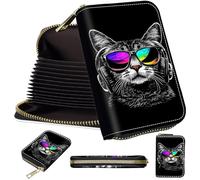 Mini Card Holder Wallet for Women, Small Zipper Credit Card Case with RFID Blocking, Compact PU Leather Accordion Card Organizer for Girls, Cute Pattern Women Wallet Purse, A5, Eye Dj Cat