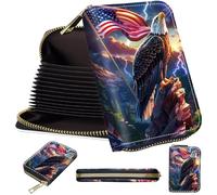 Mini Card Holder Wallet for Women, Small Zipper Credit Card Case with RFID Blocking, Compact PU Leather Accordion Card Organizer for Girls, Cute Pattern Women Wallet Purse, A6, Eagle Flag